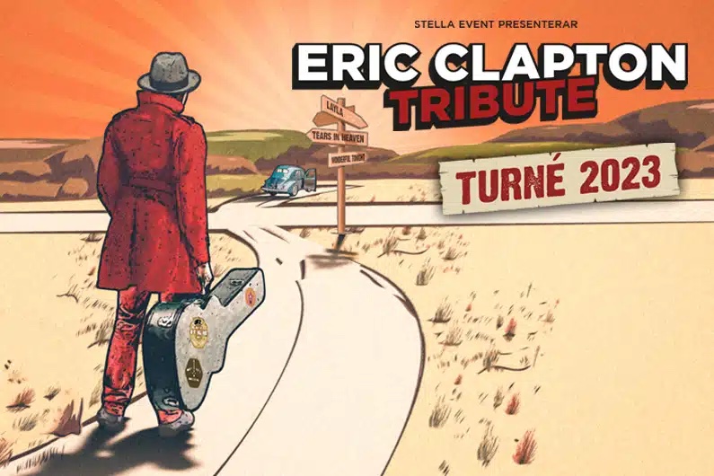 Illustratioin man i röda kläder med gitarrfodral bakifrån går på väg. Text: Eric Clapton Tribute