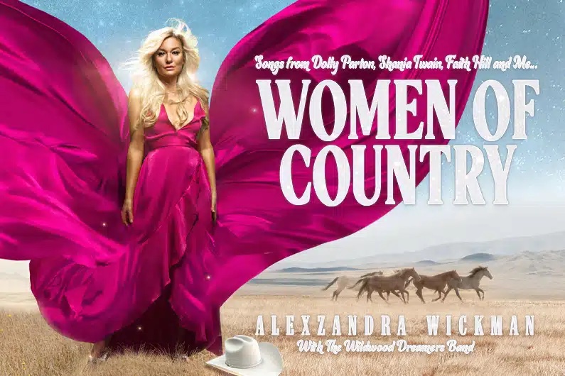 Kvinna i stor rosa klänning. Text: "Women of country"